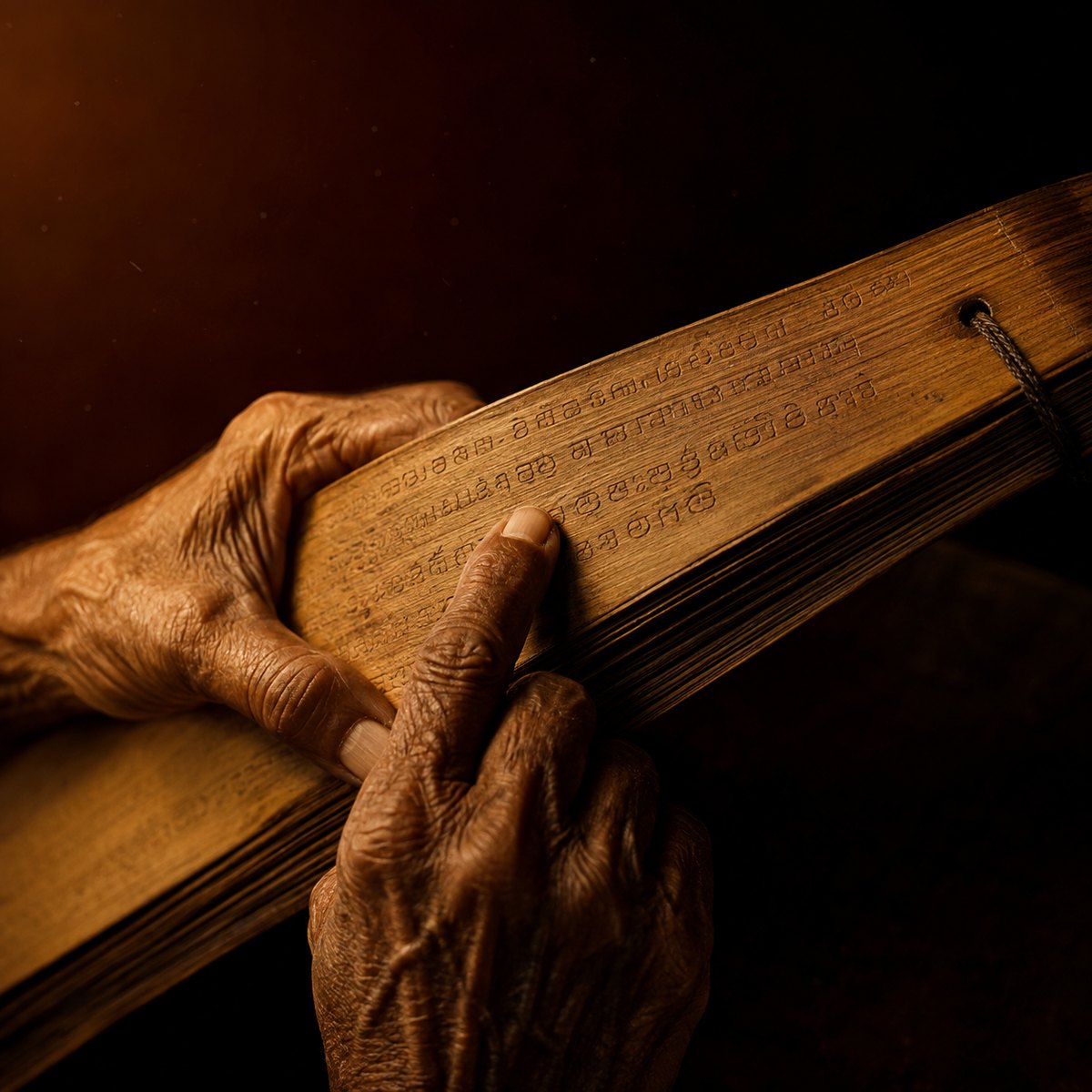 A reader tracing the incised script on a palm-leaf manuscript