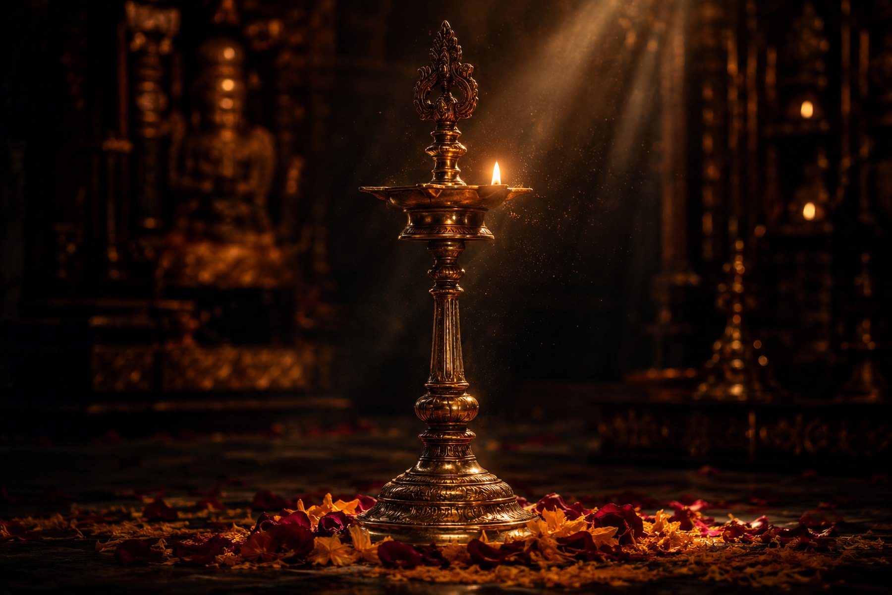 A brass temple oil lamp burning among scattered petals